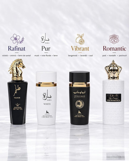 Set 4 Parfumuri Orientale ( 2xDama + 2xBarbat) - Tahir + Sara White + Apollo Black + Oud Romancia