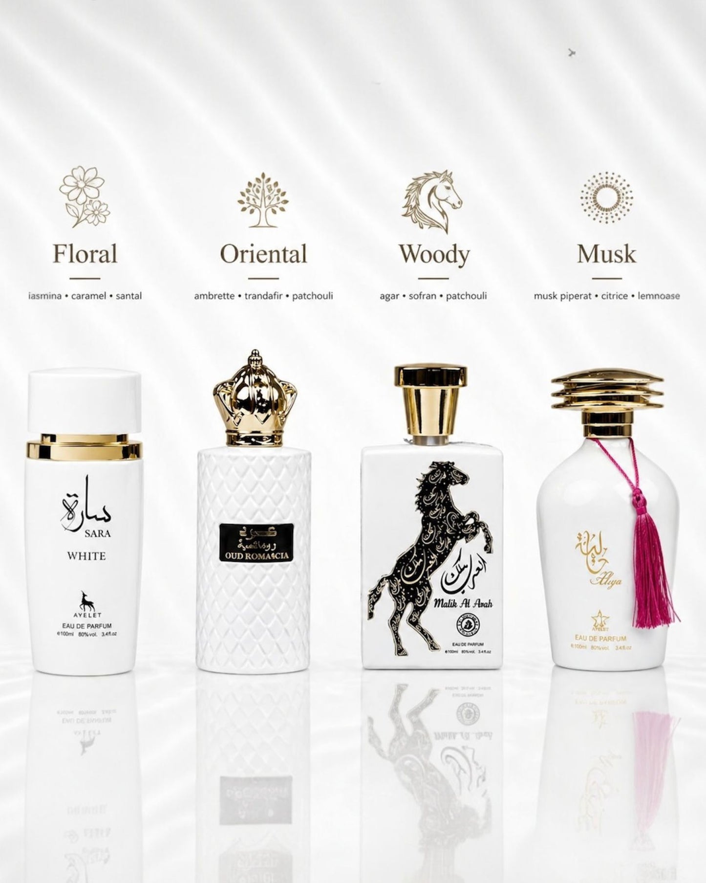 Set 4 Parfumuri Orientale ( 2xDama + 2xBarbat) - Sara White + Oud Romancia + Malik Arab + Aliya