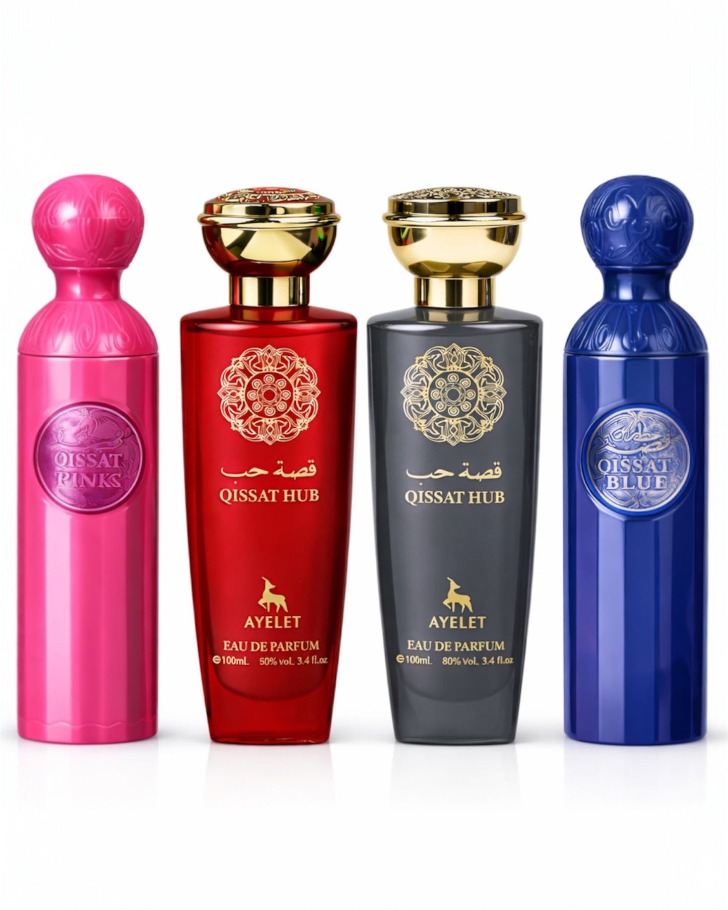 Set 4 Parfumuri Orientale ( 2xDama + 2xBarbat ) - Attar Gissah Blue + Qissat Hub Grey + Qissat Hub Red + Qissah Pink