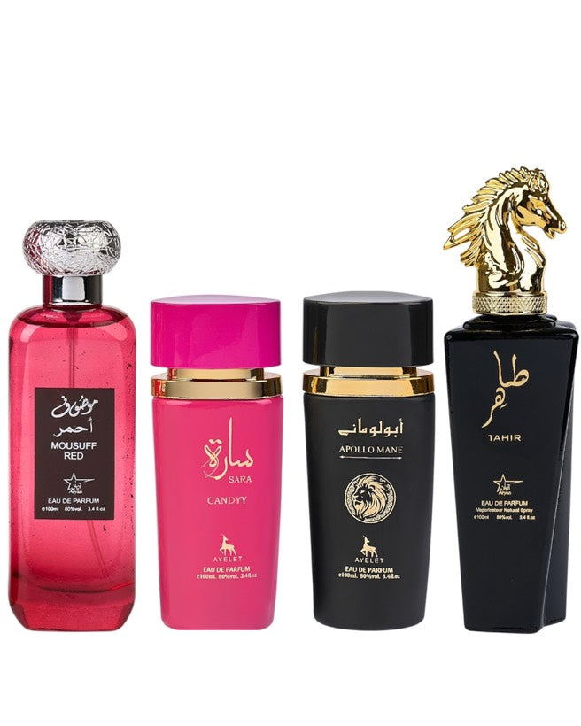 Set 4 Parfumuri Orientale ( 2xDama + 2xBarbat) - Mousuff Red + Sara Candy + Apollo Black + Tahir