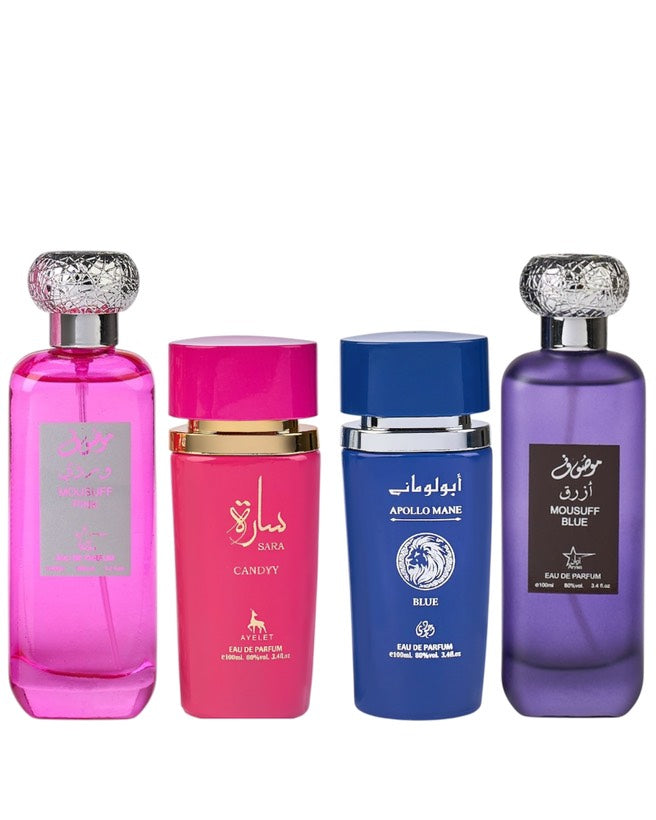 Set 4 Parfumuri Orientale ( 2xDama + 2xBarbat) - Mousuff Pink + Sara Candy + Apollo Blue + Mousuff Blue