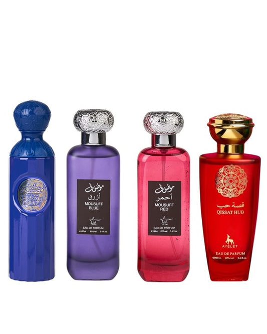 Set 4 Parfumuri Orientale ( 2xDama + 2xBarbat ) - Attar Gissah Blue + Mousuff Blue + Mousuff Red + Qissat Hub Red