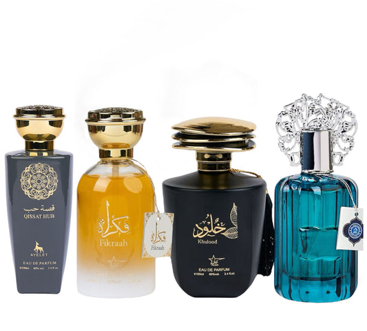 Set 4 Parfumuri Orientale de Barbati -  Qissat Hub Gray + Fikrah + Khulood + Majd Al Emarat