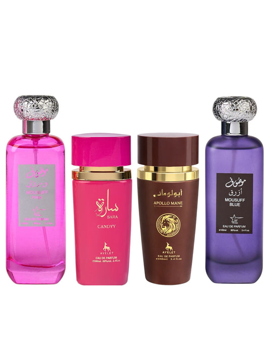 Set 4 Parfumuri Orientale ( 2xDama + 2xBarbat) - Mousuff Pink + Sara Candy + Apollo Brown + Mousuff Blue