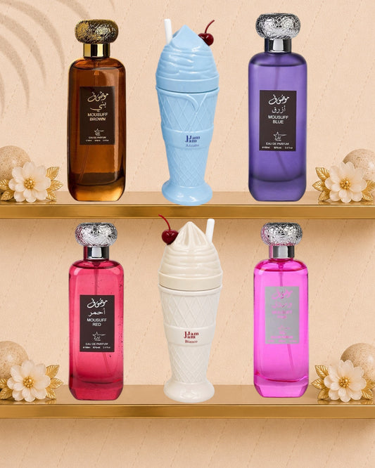 Set 6 Parfumuri Orientale ( 3xDama + 3xBarbat) - Mousuff Brown + Mousuff Blue + Mousuff Red +Mousuff Pink + Jam Jam Azzuro + Jam Jam Bianco