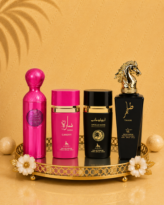 Set 4 Parfumuri Orientale ( 2xDama + 2xBarbat ) - Qissah Pink + Sara Candy + Apollo Black + Tahir