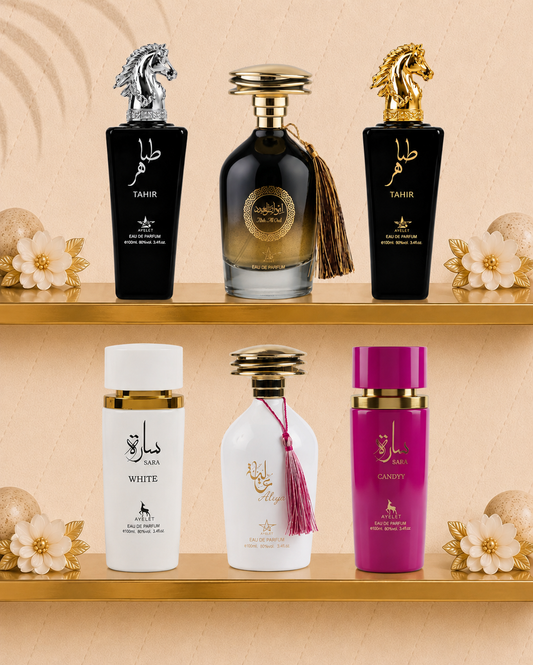 Set 6 Parfumuri Orientale ( 3xDama + 3xBarbat) - Tahir Silver + Tahir Gold + Ibda Al Oud + Aliya + Sara Candy + Sara White