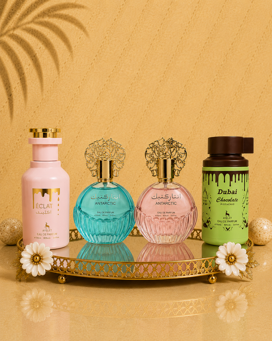 Set 4 Parfumuri Orientale (2x Barbat + 2x Dama) - Eclat + Antarctic Blue + Antarctic Pink + Dubai Choco