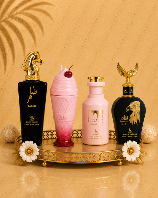Set 4 Parfumuri Orientale (2x Barbat + 2x Dama) - Tahir + Jam Jam + Eclat + Qannas Black