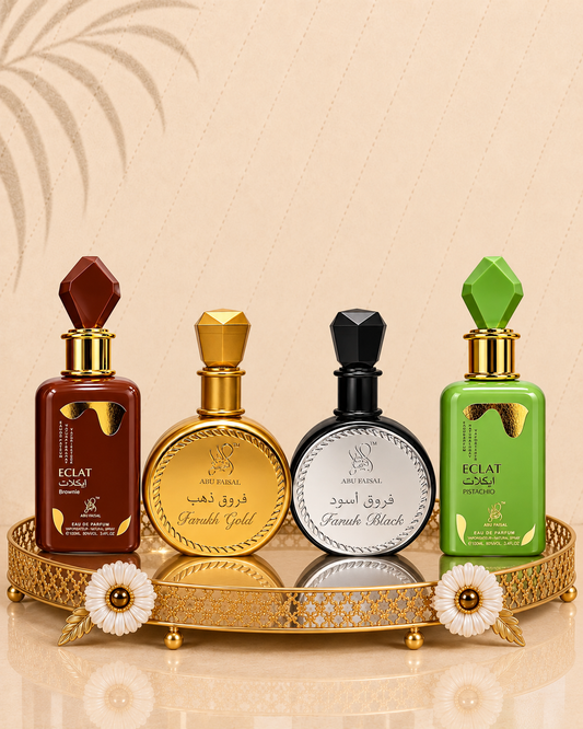 Set 4 Parfumuri Orientale de Dama - Éclat Pistachio + Éclat Brownie + Farukh Gold + Farukh Black