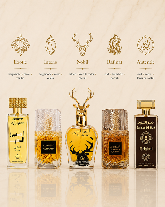 Set 5 Parfumuri Orientale De Barbati - Ameer Arab Elixir + Al Hamra Royal + Maliki + Al Hamra Qahwa + Ameer Oud Original