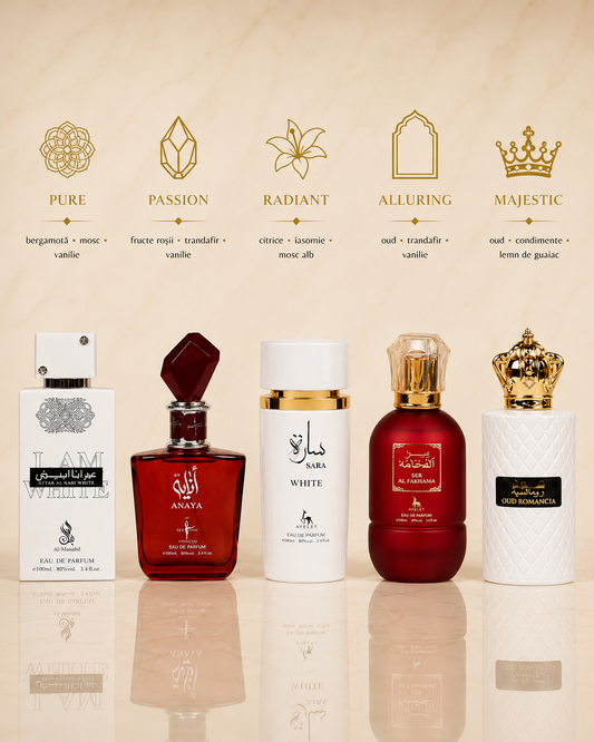Set 5 Parfumuri Orientale De Dama - I Am White + Anaya + Sara White + Ser al Fakhama + Oud Romancia