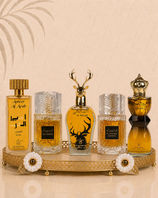Set 5 Parfumuri Orientale De Barbati - Ameer Arab Elixir + Al Hamra Royal + Maliki + Al Hamra Qahwa + Oud Al Khashab
