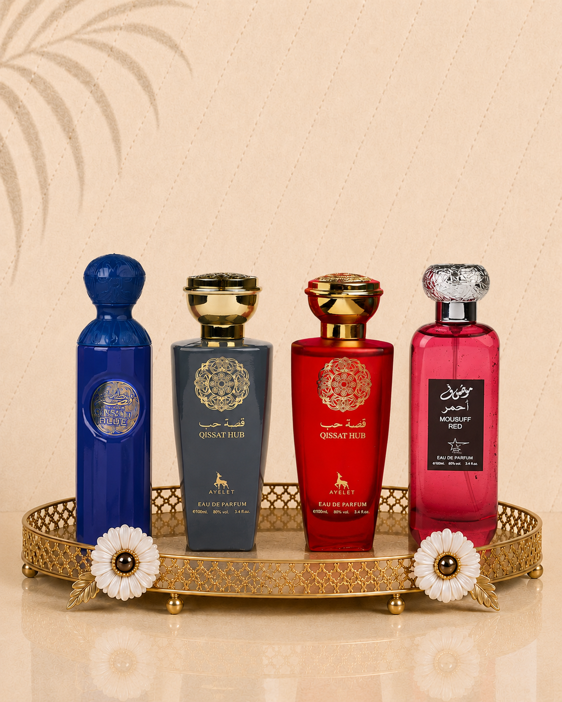 Set 4 Parfumuri Orientale ( 2xDama + 2xBarbat ) - Attar Gissah Blue + Qissat Hub Grey + Qissat Hub Red + Mousuff Red