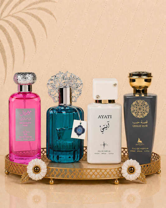 Set 4 Parfumuri Orientale ( 2xDama + 2xBarbat) - Mousuff Pink + Majd Al Emarat + Ayati White + Qissat Hub Grey