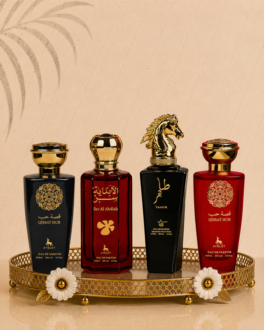 Set 4 Parfumuri Orientale (2xDama + 2xBarbat) - Qissat Hub Grey + Ser Al Abdiah + Tahir + Qissat Hub Red