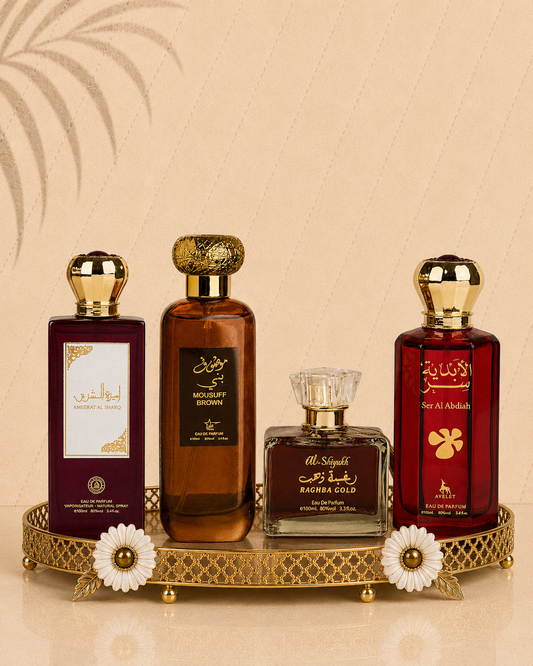 Set 4 Parfumuri Orientale ( 2xDama + 2xBarbat ) - Ameerat Sharq + Mousuff Brown + Raghba Gold + Ser al Abdiah