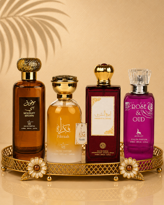 Set 4 Parfumuri Orientale ( 2xDama + 2xBarbat ) - Mousuff Brown + Fikrah + Rose & Oud+ Ameerat Purple