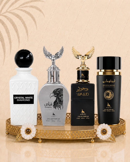 Set 4 Parfumuri Orientale Barbatesti -  Crystal White + Wajud + Qannas Silver + Apollo Black
