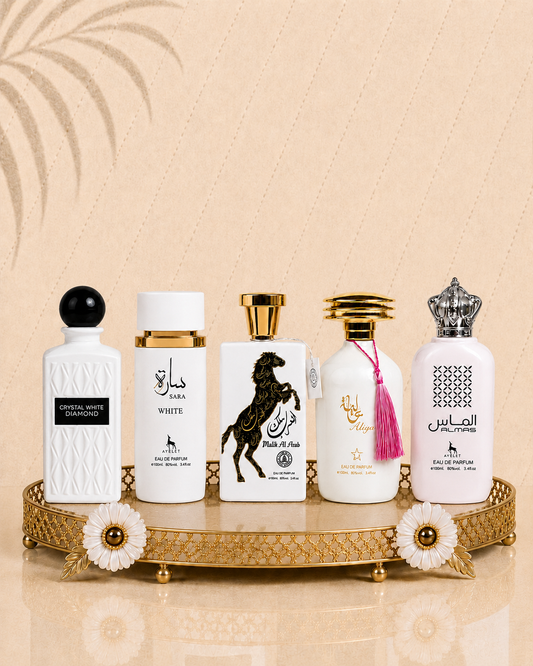 Set 5 Parfumuri Orientale ( 3xDama + 2xBarbat) - Sara White + Crystal White Diamonds + Malik al Arab + Aliya + Almas