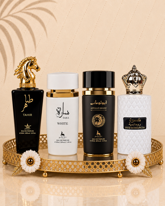 Set 4 Parfumuri Orientale ( 2xDama + 2xBarbat) - Apollo Black + Oud Romancia + Sara White + Tahir