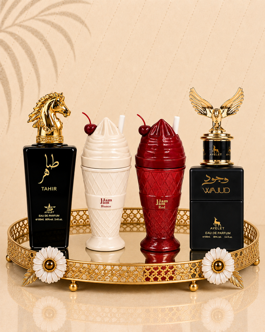 Set 4 Parfumuri Orientale (2x Barbat + 2x Dama) - Tahir Gold + Jam Jam Red + Jam Jam Bianco + Wajud