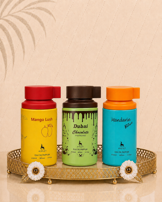 Set 3 Parfumuri Orientale (1x Barbat + 2x Dama) - Mandarin Blue + Mango Lush + Dubai Choco