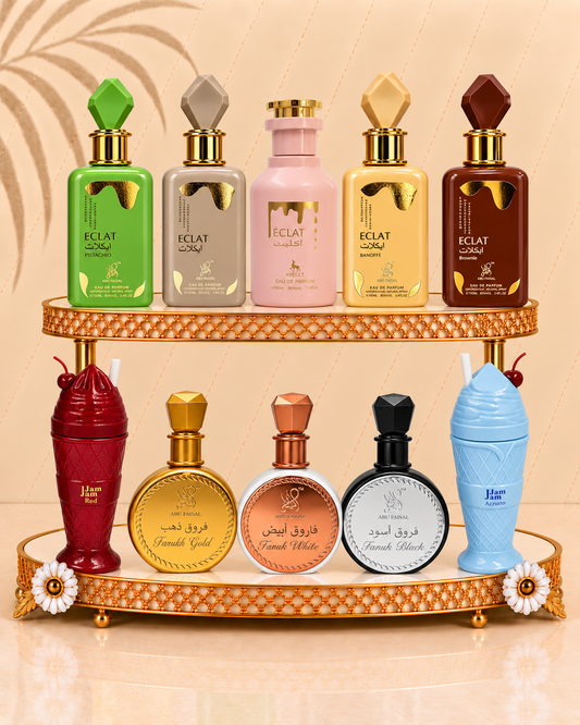 Set 10 Parfumuri Orientale de Dama - Éclat Banoffe + Éclat Pistachio + Éclat Vanilla + Éclat Brownie + Eclat + Farukh White + Farukh Black + Farukh Gold + Jam Jam Azzuro + Jam Jam Red