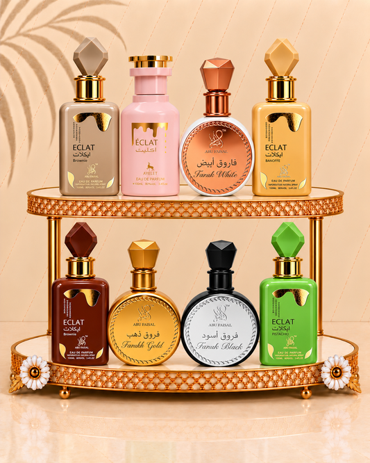 Set 8 Parfumuri Orientale de Dama - Éclat Banoffe + Éclat Pistachio + Éclat Vanilla + Éclat Brownie + Eclat + Farukh White + Farukh Black + Farukh Gold