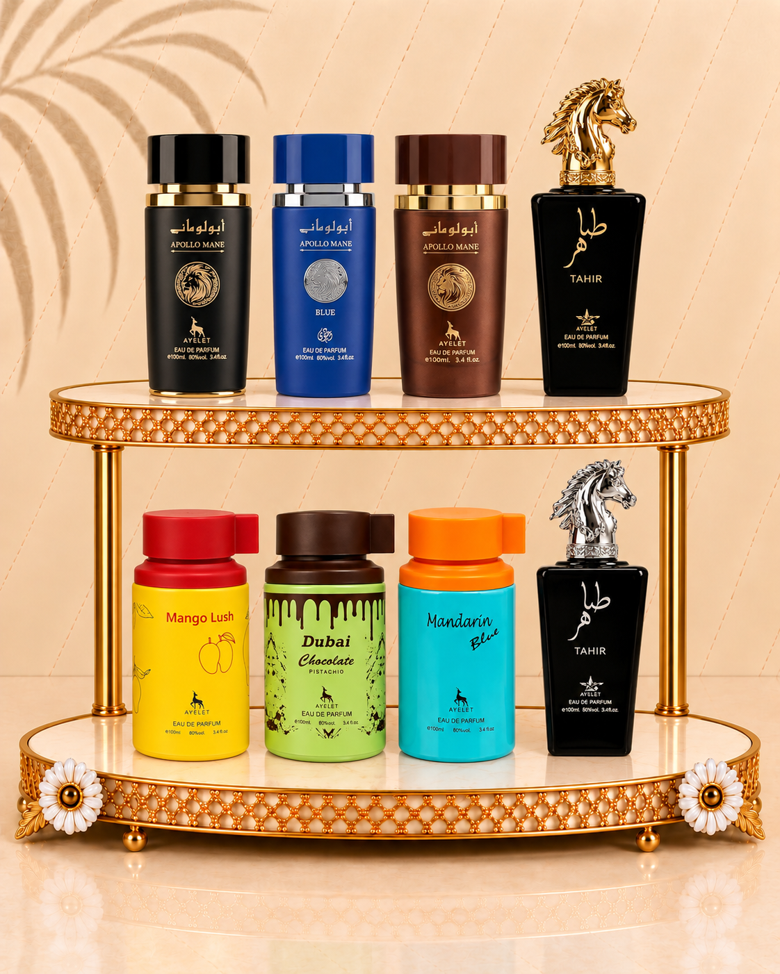 Set 8 Parfumuri Orientale Barbatesti - Apollo Black + Apollo Brown + Apollo Blue + Tahir Gold + Tahir Silver + Dubai Choco + Mango Lush + Mandarin Blue