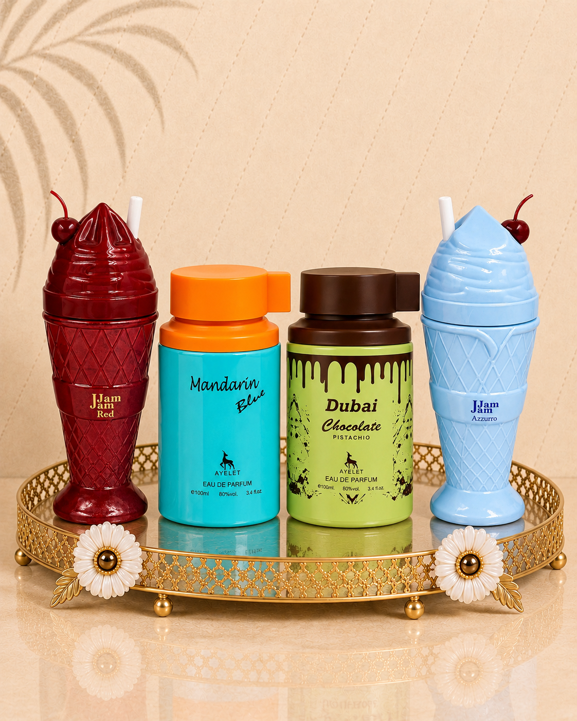 Set 4 Parfumuri Orientale (2x Barbat + 2x Dama) - Mandarin Blue + Jam Jam Red + Jam Jam Azzuro + Dubai Chocolate