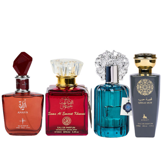 Set 4 Parfumuri Orientale ( 2xDama + 2xBarbat) - Anaya + Sama Al Emarat + Majd Al Emarat + Qissat Hub Grey