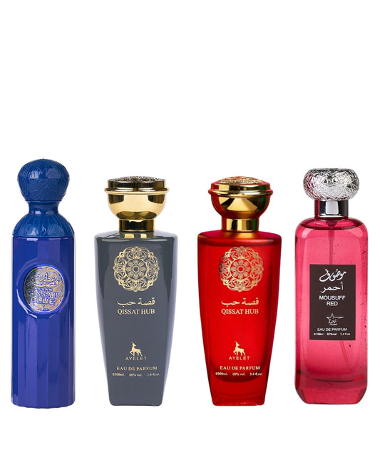 Set 4 Parfumuri Orientale ( 2xDama + 2xBarbat ) - Attar Gissah Blue + Qissat Hub Grey + Qissat Hub Red + Mousuff Red