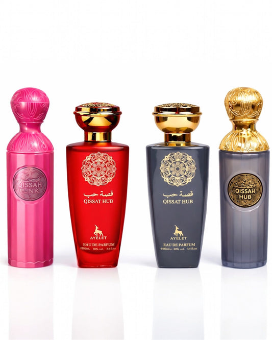 Set 4 Parfumuri Orientale de Dama - Gissah Grey + Qissat Hub Grey + Qissat Hub Red + Qissah Pink
