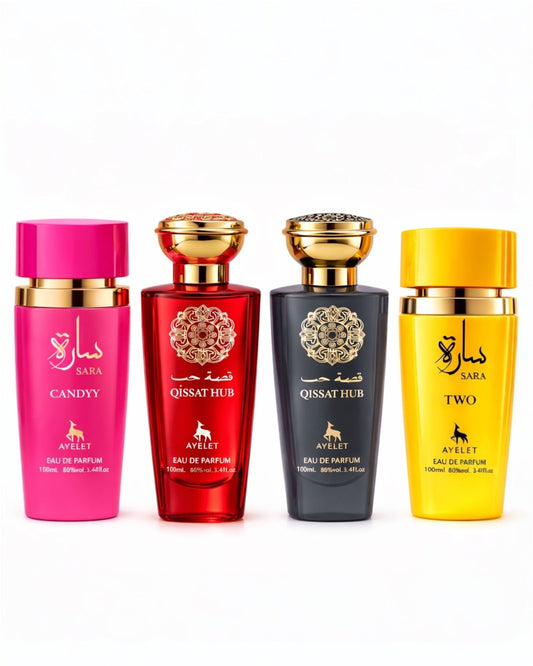 Set 4 Parfumuri Orientale de Dama - Sara Candy + Qissat Hub Grey + Qissat Hub Red + Sara Two