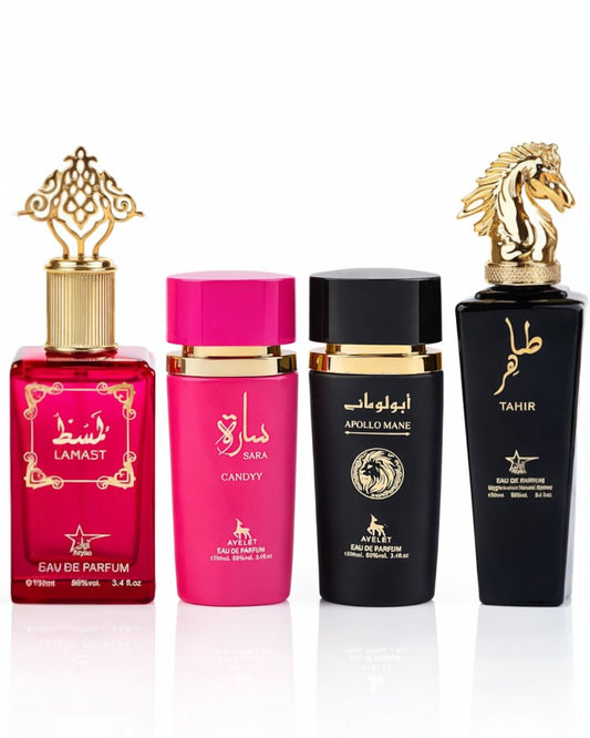 Set 4 Parfumuri Orientale ( 2xDama + 2xBarbat) - Lamast + Sara Candy + Apollo Black + Tahir