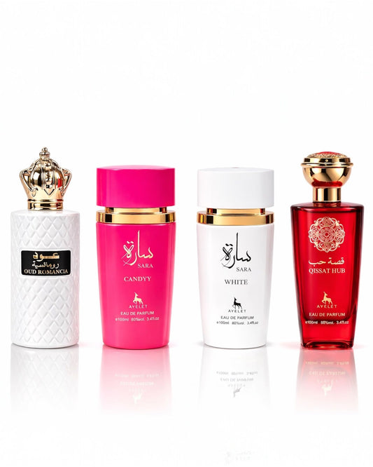 Set 4 Parfumuri Orientale de Dama - Oud Romancia + Sara Candy + Sara White + Qissat Hub Red