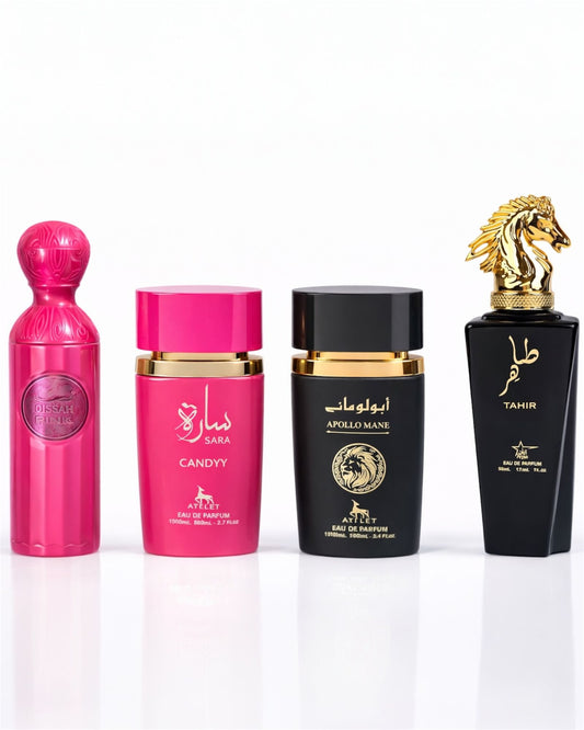 Set 4 Parfumuri Orientale ( 2xDama + 2xBarbat ) - Qissah Pink + Sara Candy + Apollo Black + Tahir