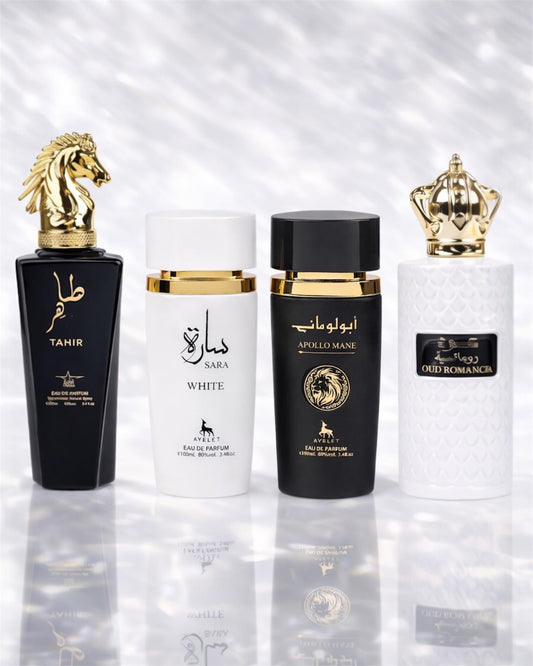 Set 4 Parfumuri Orientale ( 2xDama + 2xBarbat) - Tahir + Sara White + Apollo Black + Oud Romancia