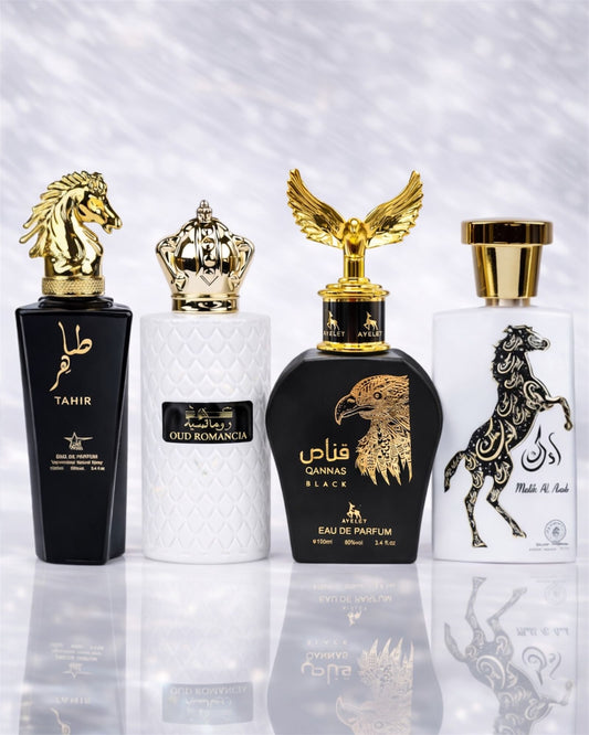 Set 4 Parfumuri Orientale ( 2xDama + 2xBarbat) - Qannas Black + Aliya + Tahir + Oud Romancia