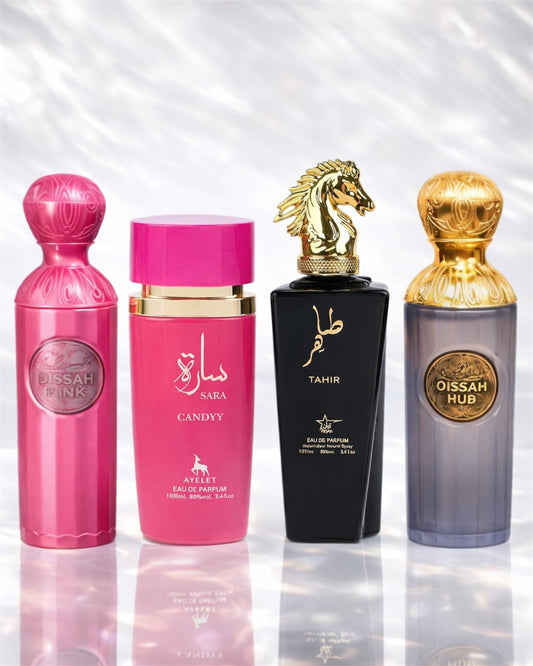 Set 4 Parfumuri Orientale ( 2xDama + 2xBarbat ) - Qissah Pink + Sara Candy + Tahir +  Qissah Grey