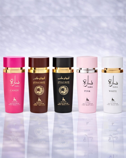 Set 5 Parfumuri Orientale ( 3xDama + 2xBarbat) - Sara Candy + Apollo Black + Apollo Brown+ Sara Pink + Sara White