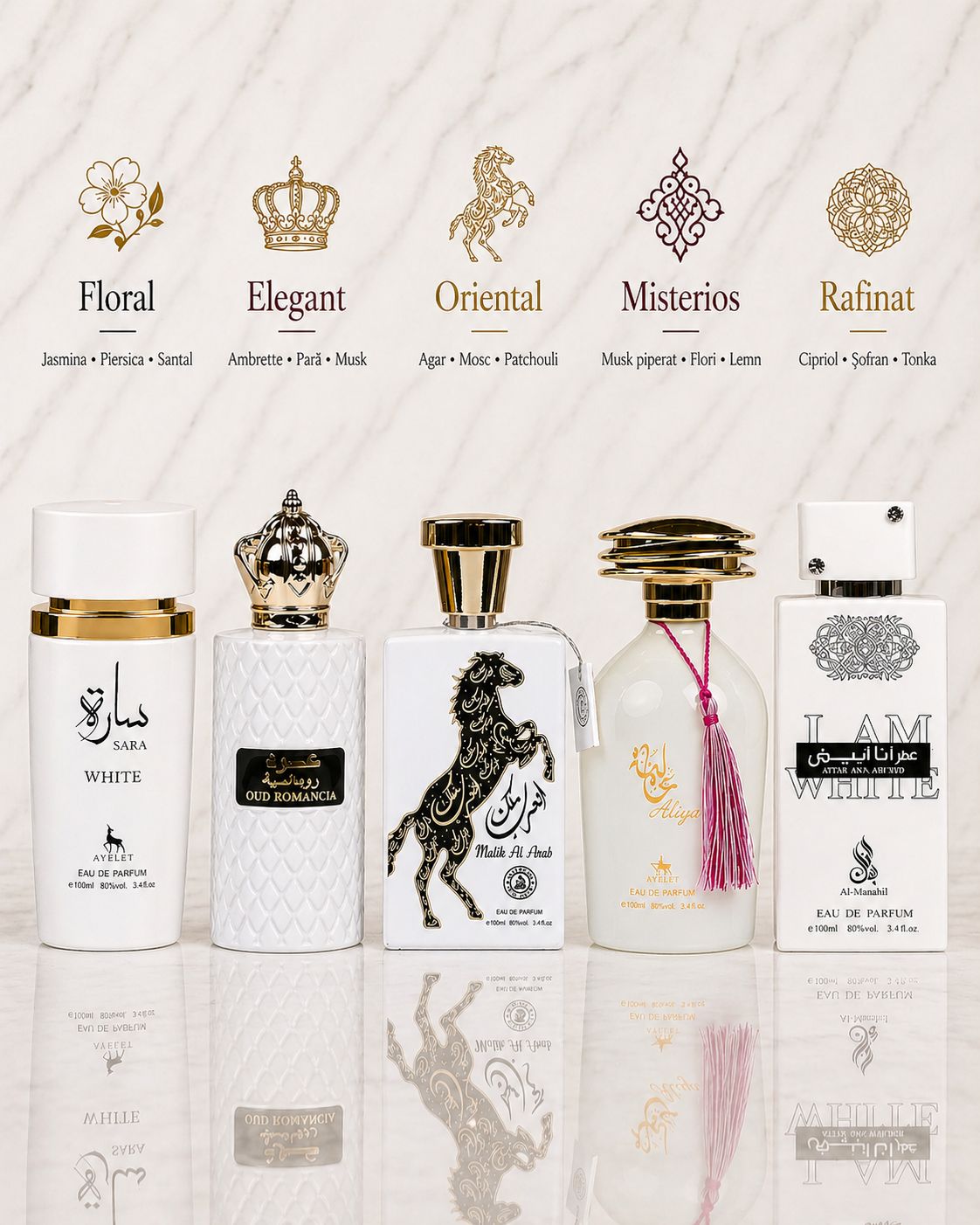 Set 5 Parfumuri Orientale ( 3xDama + 2xBarbat) - Sara White + Oud Romancia + Malik al Arab + Aliya + Ana Al Abiyad