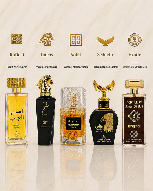Set 5 Parfumuri Orientale De Barbati - Ameer Arab Elixir + Tahir + Qannas Black + Ameer Oud Original + Al Hamra Royal