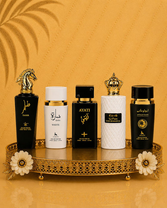 Set 5 Parfumuri Orientale ( 2xDama + 3xBarbat) - Tahir + Sara White + Apollo Black + Oud Romancia + Ayati Black