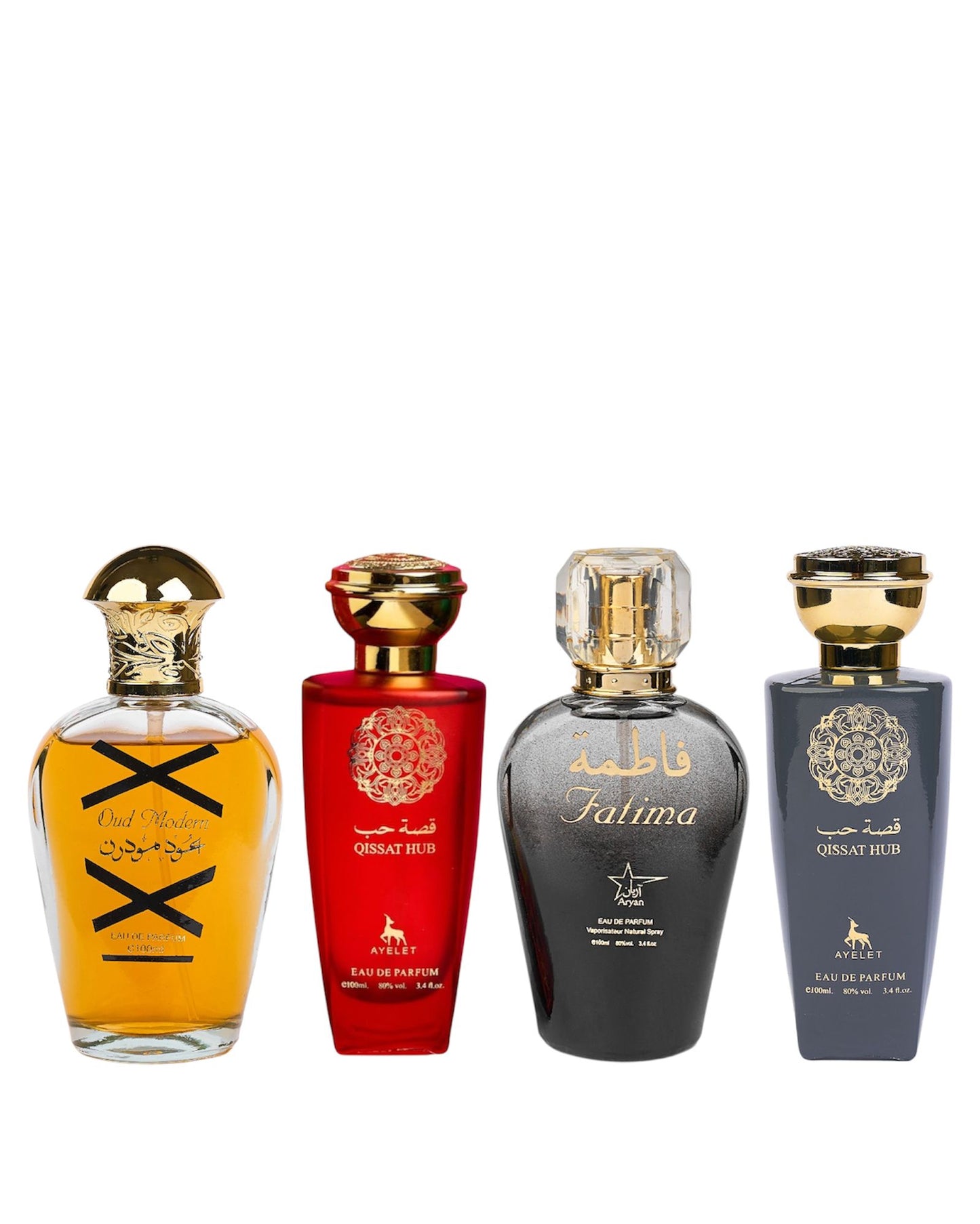 Set 4 Parfumuri Orientale ( 2xDama + 2xBarbat ) - Modern Oud + Qissat Hub Red + Fatima Black + Qissat Hub Grey