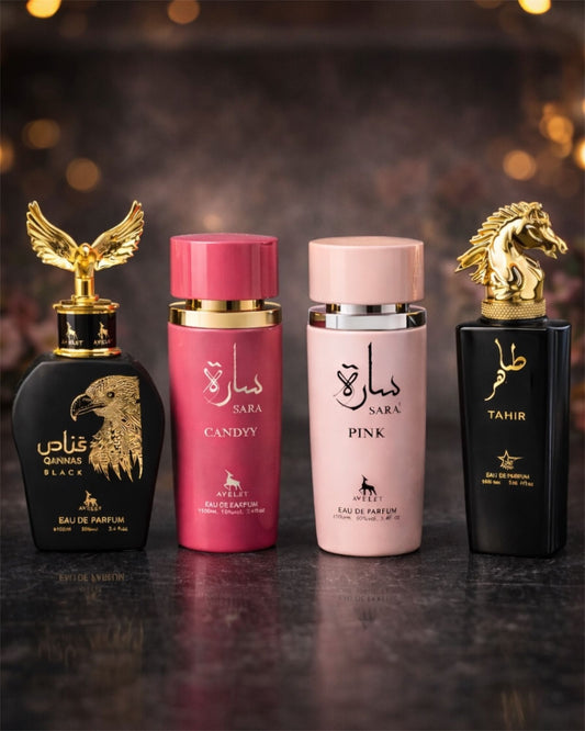 Set 4 Parfumuri Orientale ( 2xDama + 2xBarbat) - Qannas Black + Sara Candy + Sara Pink + Tahir